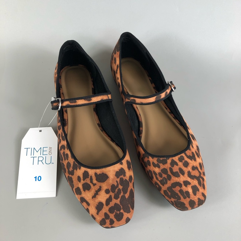 Time and Tru Leopard Print Mary Jane Flats - Brown/Black Size 10